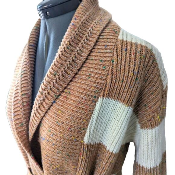 Vintage 70s Sears tan and‎ white striped rainbow cardigan sweater - Picture 1 of 10